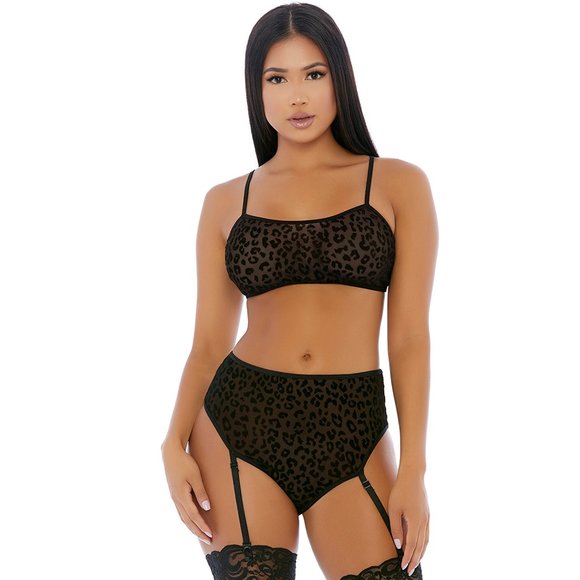 Cheetah Print Cami Bra Top and Garter Panty Set Black - Picture 1 of 5